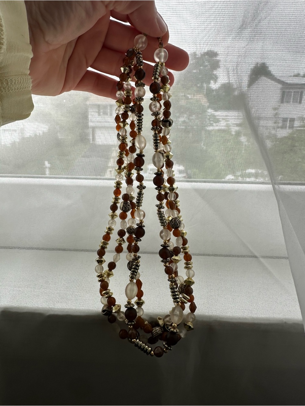 Multistrand Beaded Necklace - Brown and Clear Accent